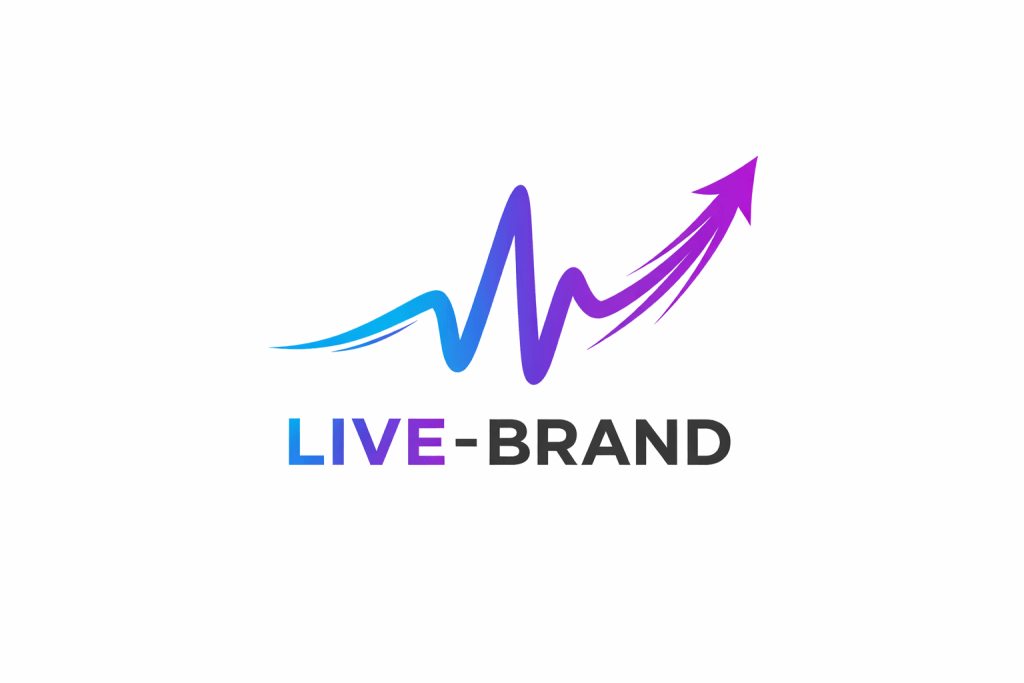 Dynamic LIVE-BRAND logo showing upward stock growth arrow with pulse line, symbolizing business growth and brand success