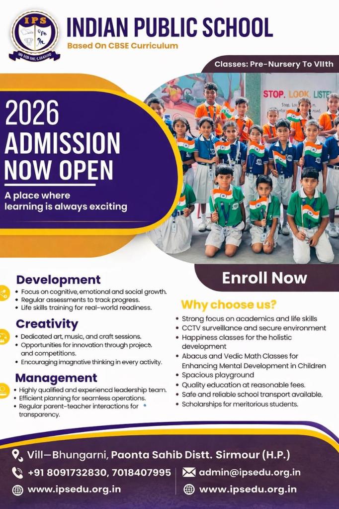 Indian Public School Paonta Sahib admission 2026 open for Pre Nursery to Class 8 CBSE curriculum school in Sirmour Himachal Pradesh
